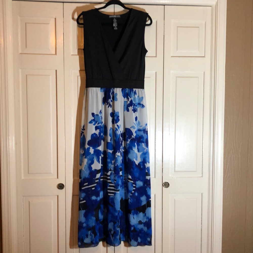 Signature Collection Maxi Color Block Dress Wrap Black Royal Blue Floral SZ M